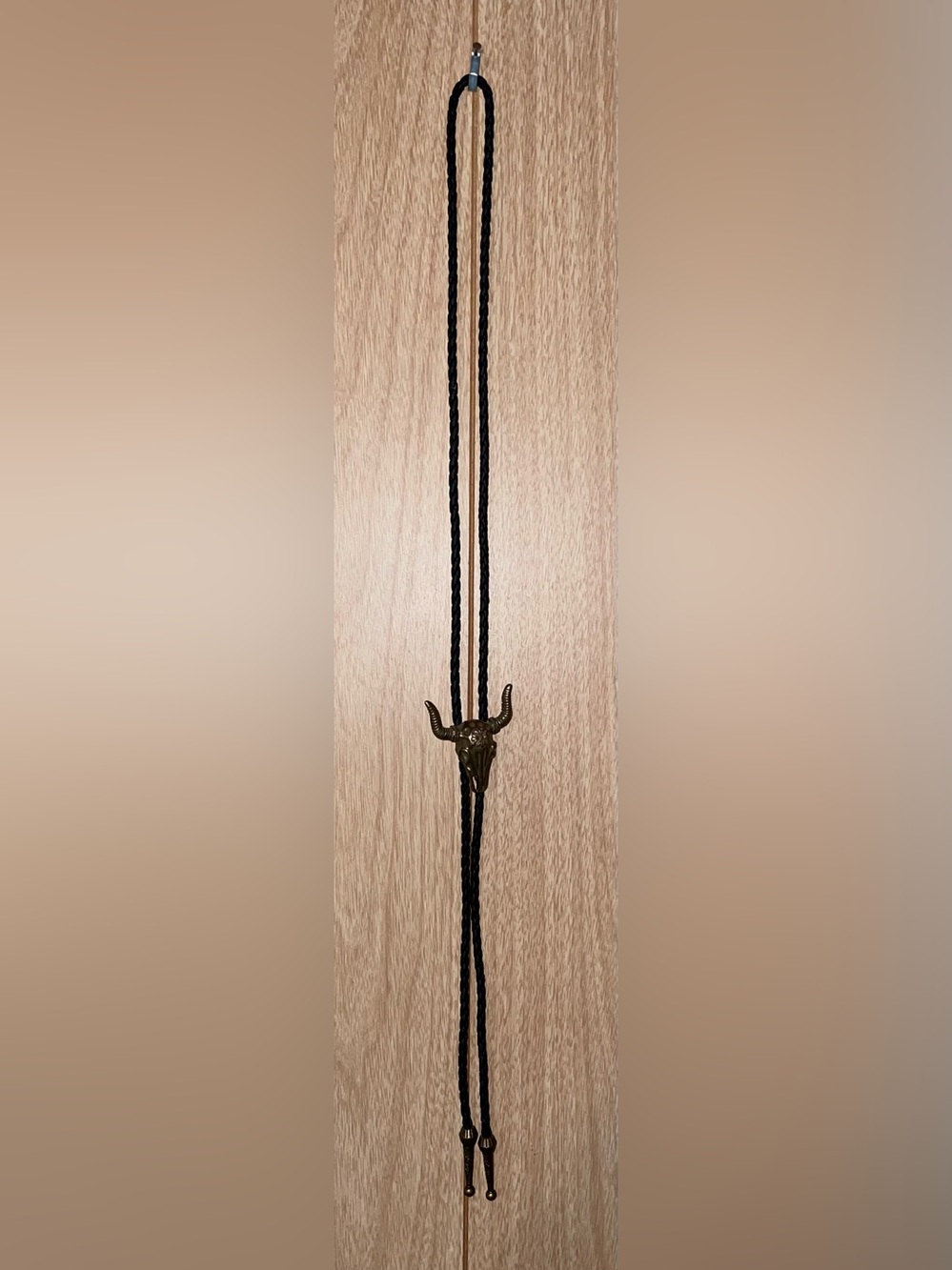 Bolo Tie with Bull Skull Slide in Antiqued Brass and Black